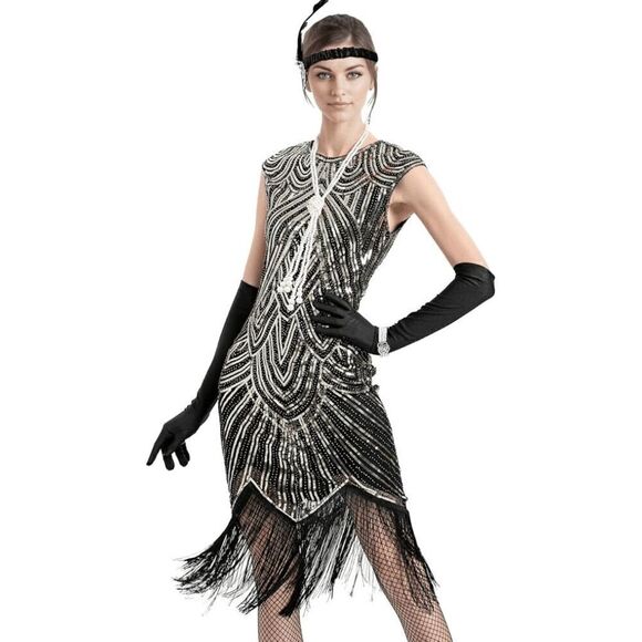 ✨ Flapper Great Gatsby Roaring 1920s Retro Tassel Fringe Gold Sequin Dress M NEW - Picture 4 of 16